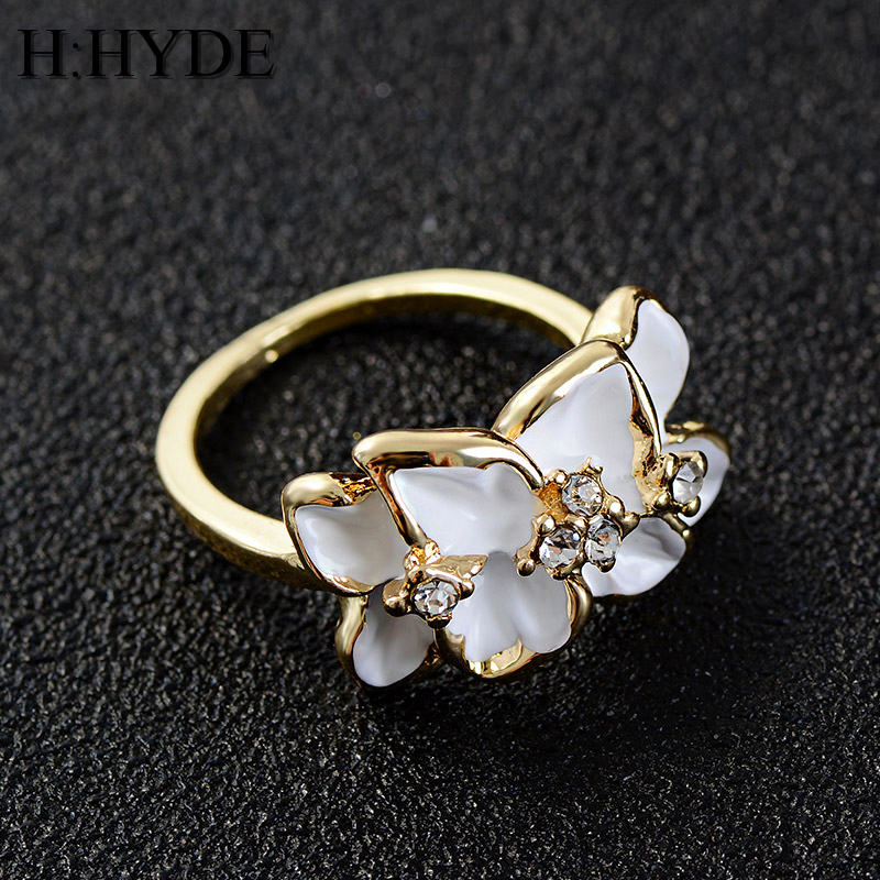 

H:HYDE Top Quality Vintage Black White Camellia Ring Gold Color Austrian Crystals Rings For Women Wedding anillos Wholesale
