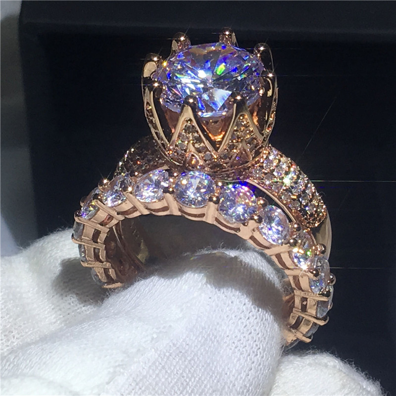 

Romantic Lovers Crown ring set 4ct Clear 5A Zircon Cz Rose Gold Filled 925 silver wedding band rings for women Men Jewelry