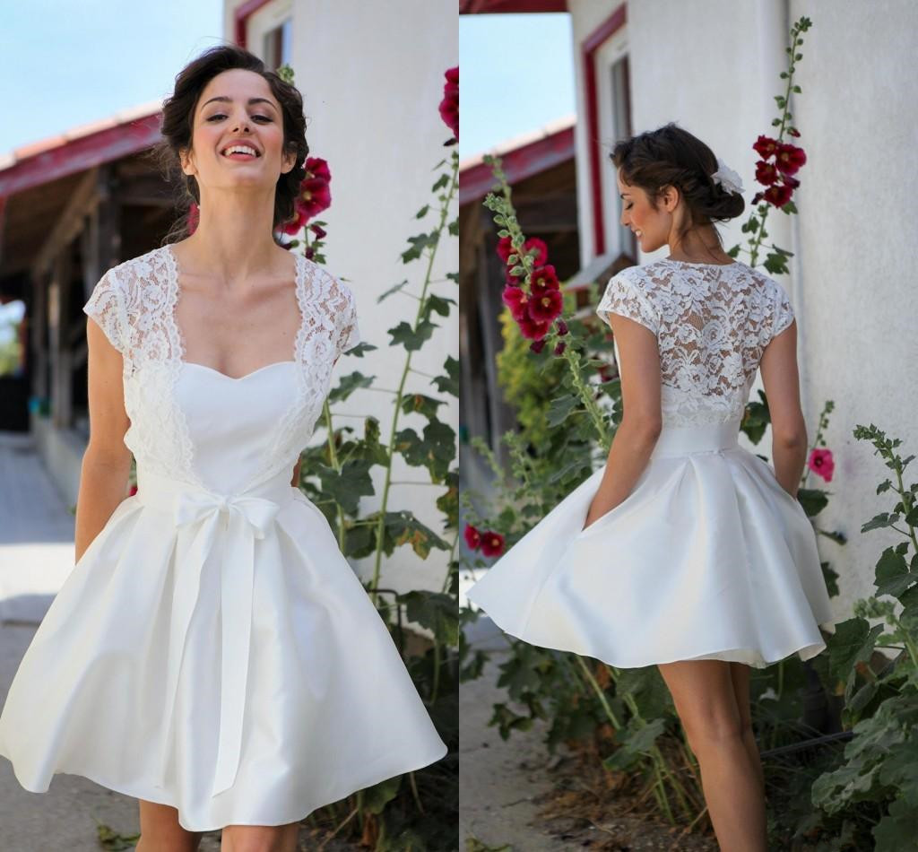 

Simple A Line Short Wedding Dresses Cheap with Pockets Sweetheart Backless Summer Bridal Gowns with Lace Wrap, Custom made from color chart