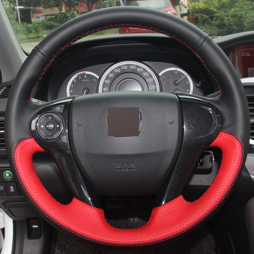 Black Red Genuine Leather DIY Hand-stitched Car Steering Wheel Cover for Honda Accord 9 Odyssey Crosstour 2013-2016-image-430168487