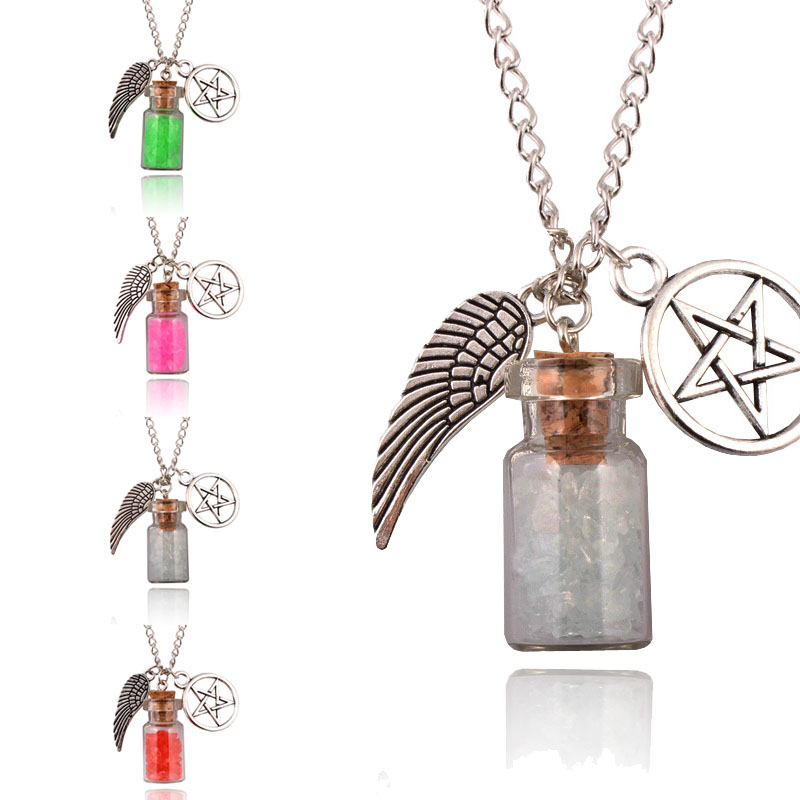 

Hot Women Retro Handmade Angel Wing Pentagram Glass Wishing Bottle Pendant Supernatural Protection Chain Necklace 7 Styles