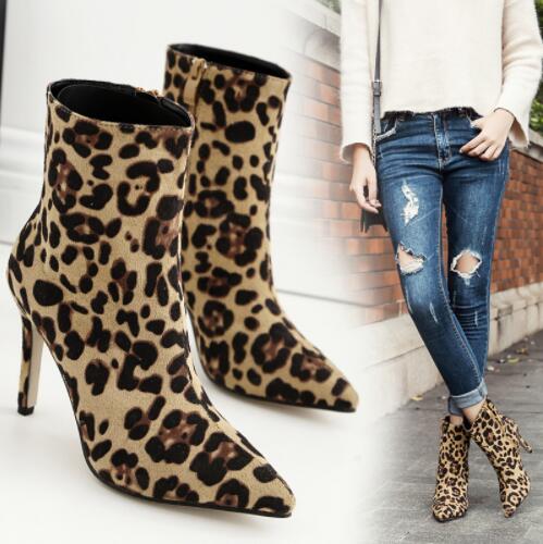

2018 Women Ankle Boots Sexy Flock high heels Point toe Zipper leopard half short winter Martin Shoes mujer stiletto 35-40, As picture