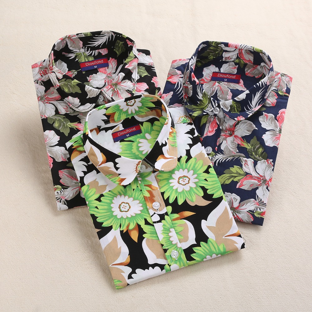 

Dioufond 2018 New Style Shirts Women Vintage Floral Blouse Green Blue Cotton Top Female Long Sleeve Shirt Big Size Clothing 5XL, Pr0015