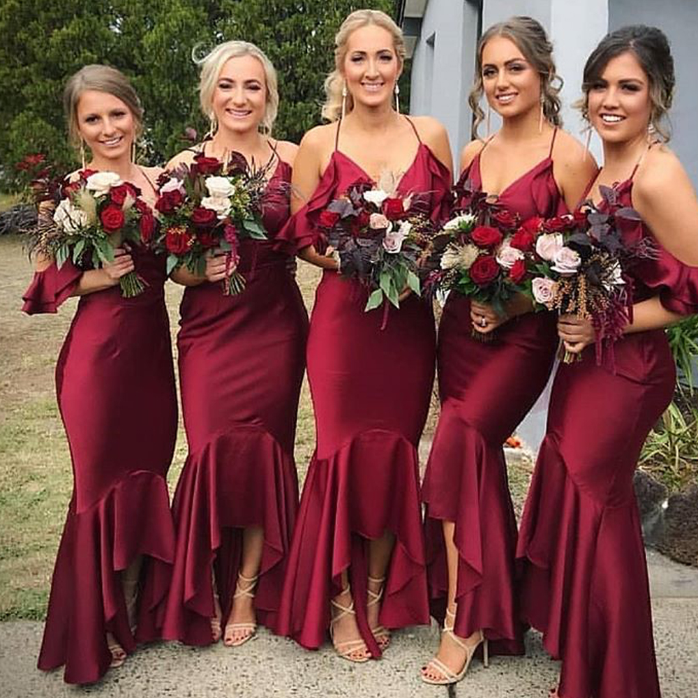 

Burgundy Bridesmaid Dresses Sweetheart Neckline Mermaid Chiffon Mermaid Ruffle Chiffon Maid Of Honor Dresses Arabic
