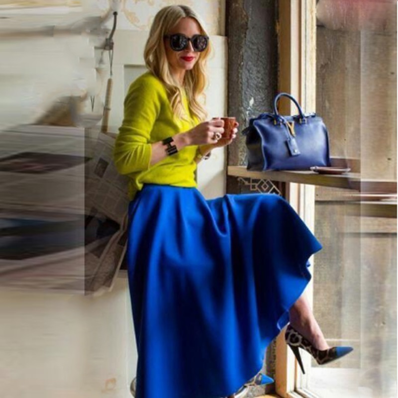 

High Street Royal Blue Women Skirt Mid-Calf Zipper Waist A Line Prom Skirt Faldas Saia 65CM Adult Midi Custom Made, Beige