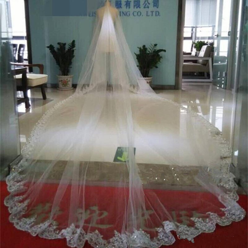 

Bling Bling Cathedral Length Long Wedding Veils Lace Edge With Crystals 4M Bridal Accessories For Weddings Two Layers Custom Made, Ivory