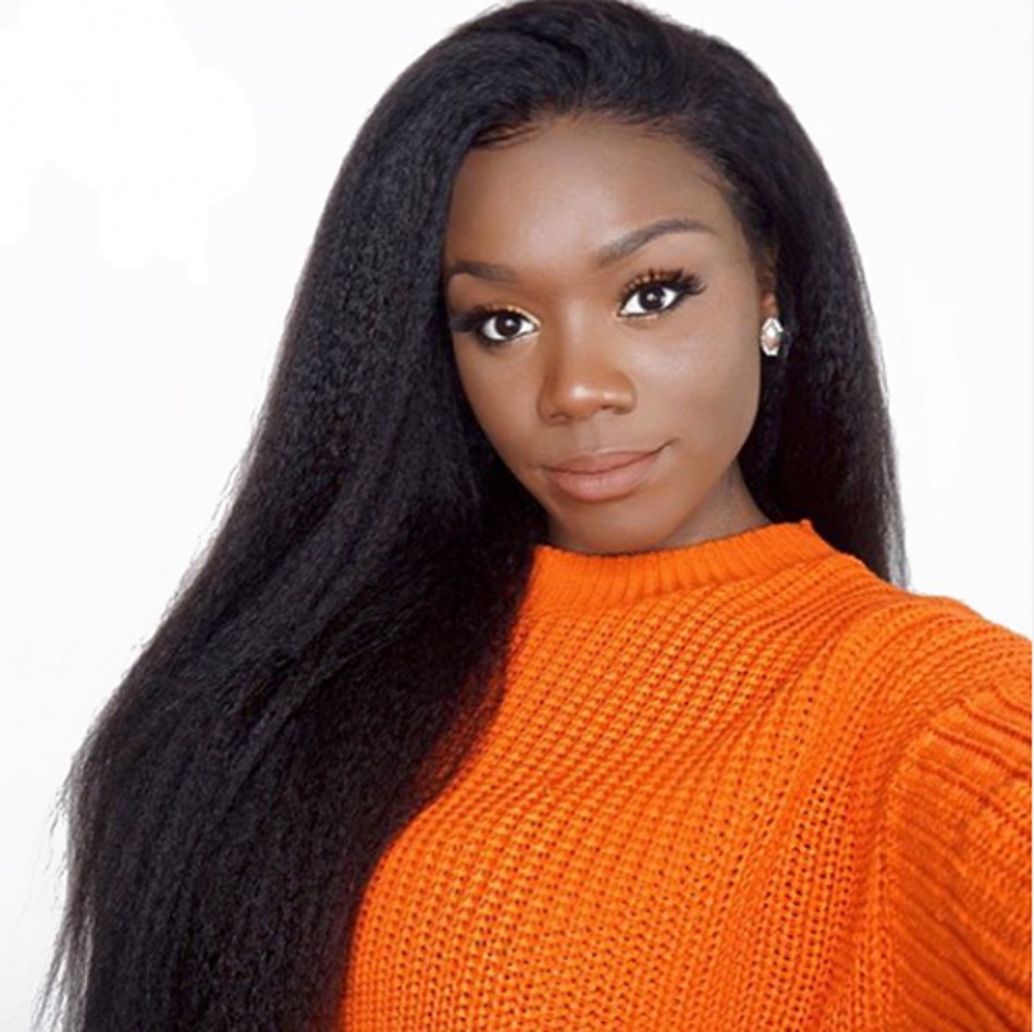 

Kinky Straight Peruvian Lace Front Human Hair Wigs for Women Course Yaki Wig With Baby Hair, Natural color