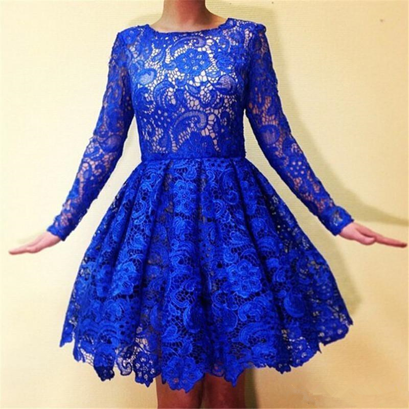 

Knee length Royal blue Homecoming Prom Dresses long sleeve Vintage lace Short Sweet Sixteen Juniors Cheap Party Weddings Guest Dress