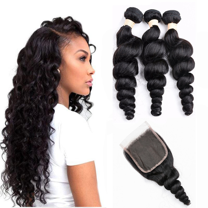 

Brazilian Hair Weave Loose Wave Bundles with Lace Closure Remy Human Hair Loose Wave 3 Bundles with 4x4 Lace Closure 4 Pcs/Lot, Natural color