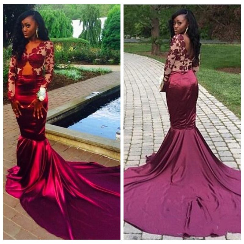 

2018 Burgundy Long Sleeves Lace Mermaid Prom Dresses Sexy Backless Court Train Sheer Evening Dresses Vestiods Formal Women Pageant Gowns, Hunter