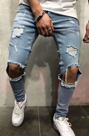 

Men Holes Light Blue Jeans Ripped Biker Jeans Pants Fashion Long Trousers Clothing les hommes en jeans