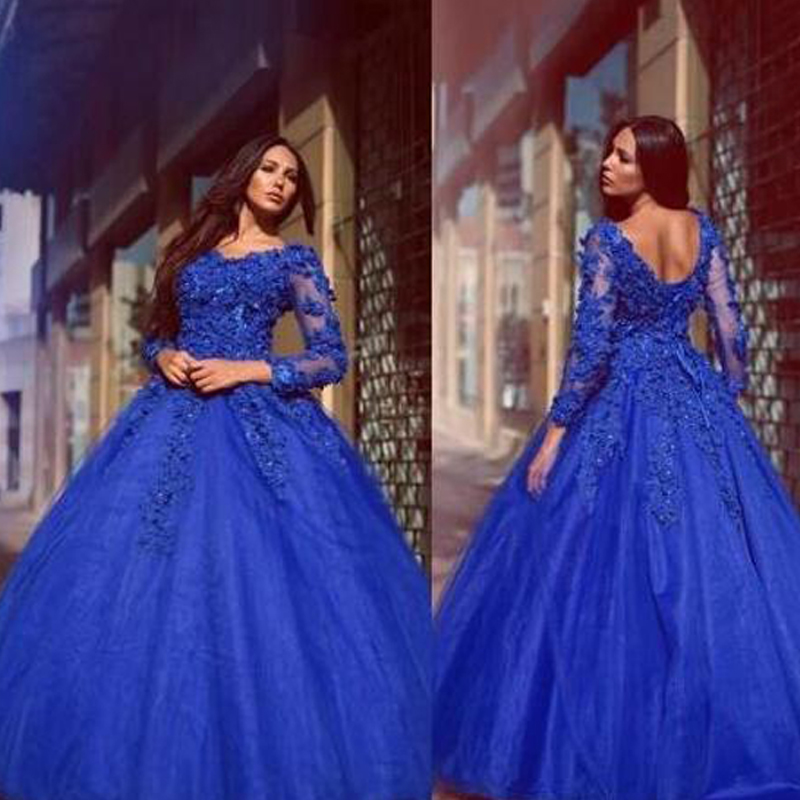 

Vintage Long Sleeve Prom Dresses Royal Blue V Neck Beaded Sequins Lace Appliques Puffy Tulle Evening Party Gowns Custom Made, Champagne
