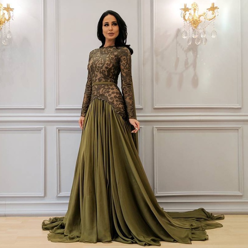 

Saudi Arabia Chiffon Prom Dress Jewel Neck Lace Long Sleeves Party Dress Fashion Trumpet Sweep Train Evening Dresses Cheap Formal Wear Gown, Ivory