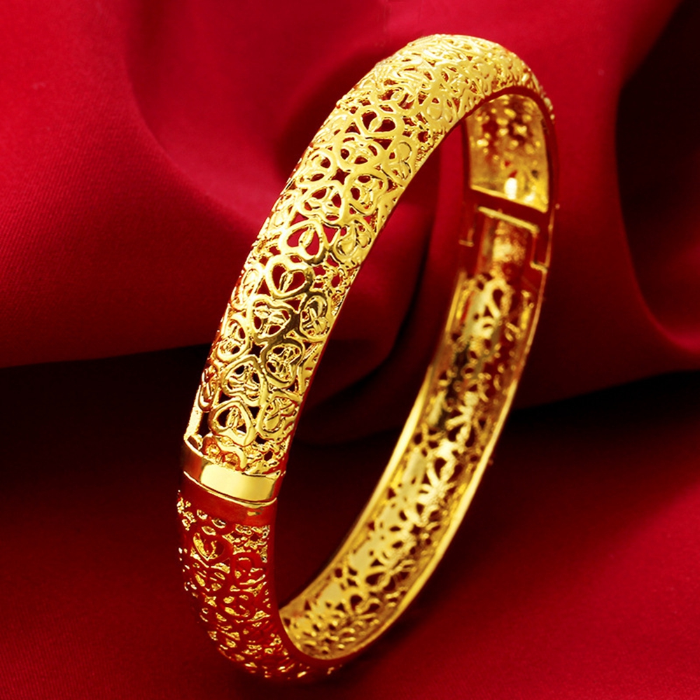 Wedding Bangle Hollow Solid 18k Yellow Gold Filled Womens Bangle Openable Bracelet Heart Patterned Jewelry Gift Dia 56mm-image-412509395
