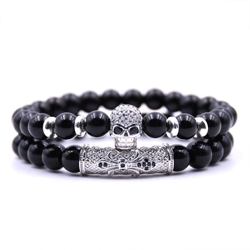 

Wholesale 2pcs/set Silver 4 color skull Head Lava Natural Stone Beads Men Bracelet Set Charm bracelets bangles Jewelry