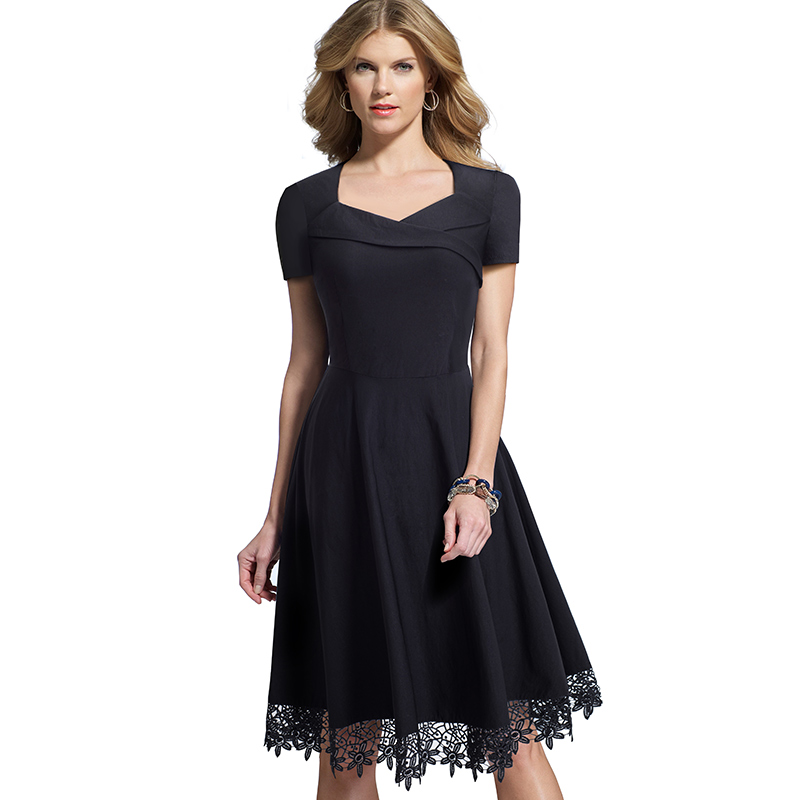 

New Arrival Fashion Women Dresses Black Square Collar Slim Lace Patchwork Short Sleeve A Line Dress With Big Ball Gown