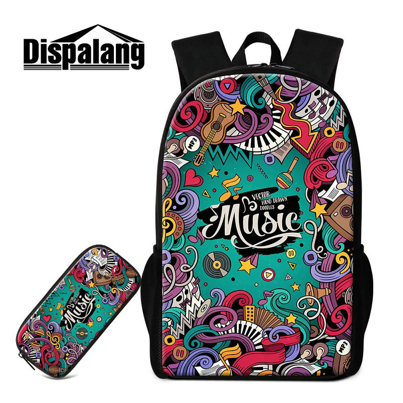 

2 Pcs/Set Backpack School Bag Pencil Case For Elementary Students Unique Musical Note Pattern Bookbags For Children 16 Inch Large Rucksack, As the picture show