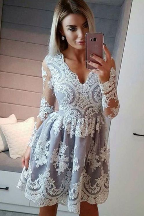 

2018 Sliver With White Lace Short Prom Dress Cheap Deep V neck Illusion Long Sleeves Applique A line Pleated Homecoming Party Dresses New, Light yellow