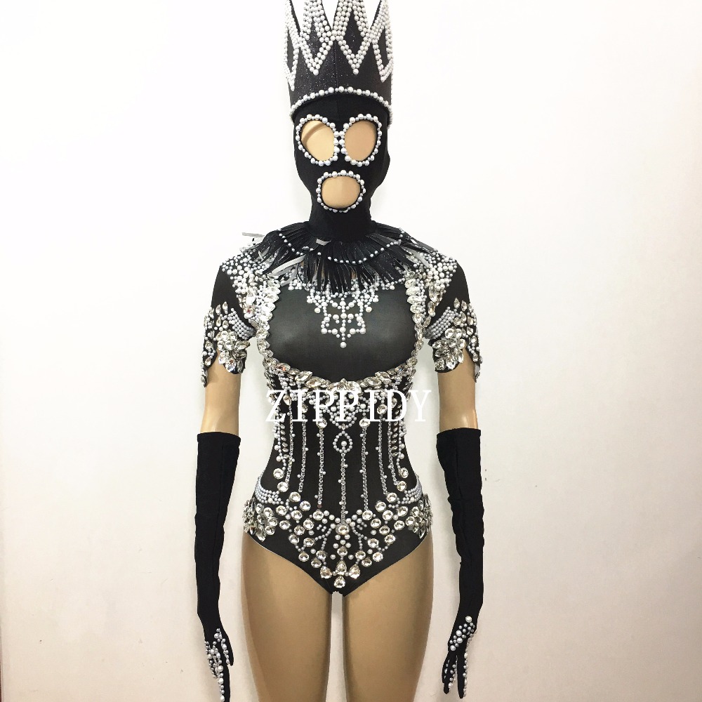 2019 Black Shining Crystals Bodysuit Diamonds Sparkly