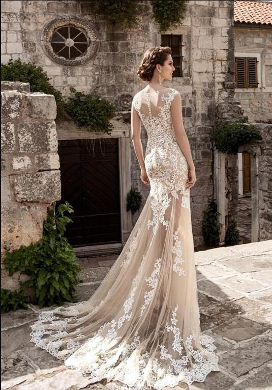 

New Vintage Champagne Lace Mermaid Wedding Dresses 2017 Sheer Neck Cap Sleeve Tulle Applique A-Line Court Train Wedding Gown With Over Skirt, Same as image