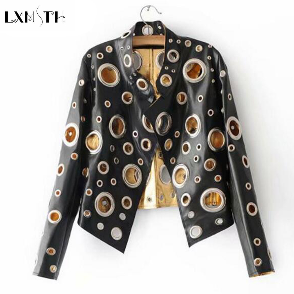 

Spring Autumn Hollow Out Faux Leather Jacket Women Fashion Short Pu Leather Jacket Female Slim Blouson Moto Biker Coat, Black