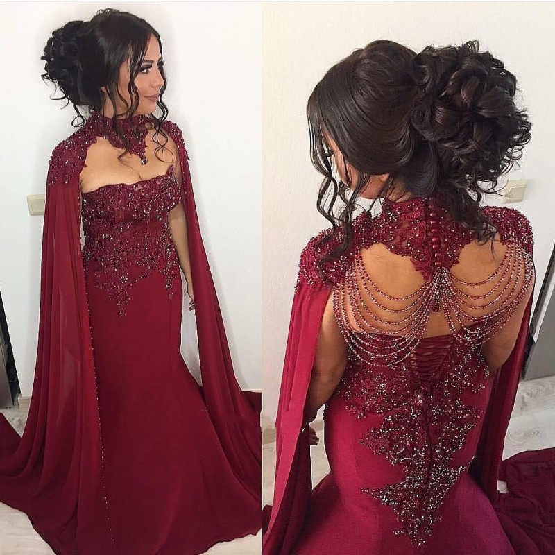 

Burgundy Mermaid Prom Dress With Detachable High Neck Long Sleeves Beads Lace Appliques Chifffon Party Dress 2018 Sexy Saudi Evening Dresses, Lavender