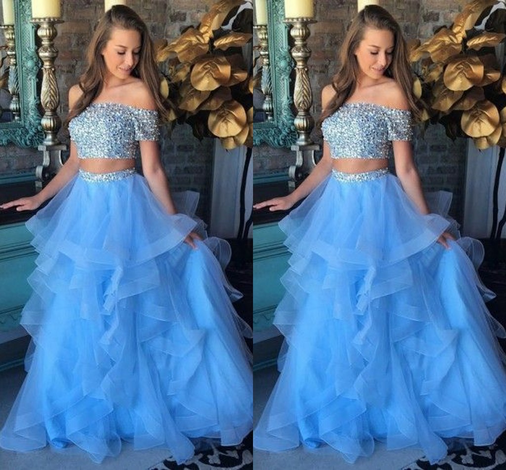 Baby Blue Ruffles Two Piece Sweet 16 Girls Dresses Prom Dress Off The Shoulder Short Sleeve Beaded Crystal Backless Quinceanera Dress