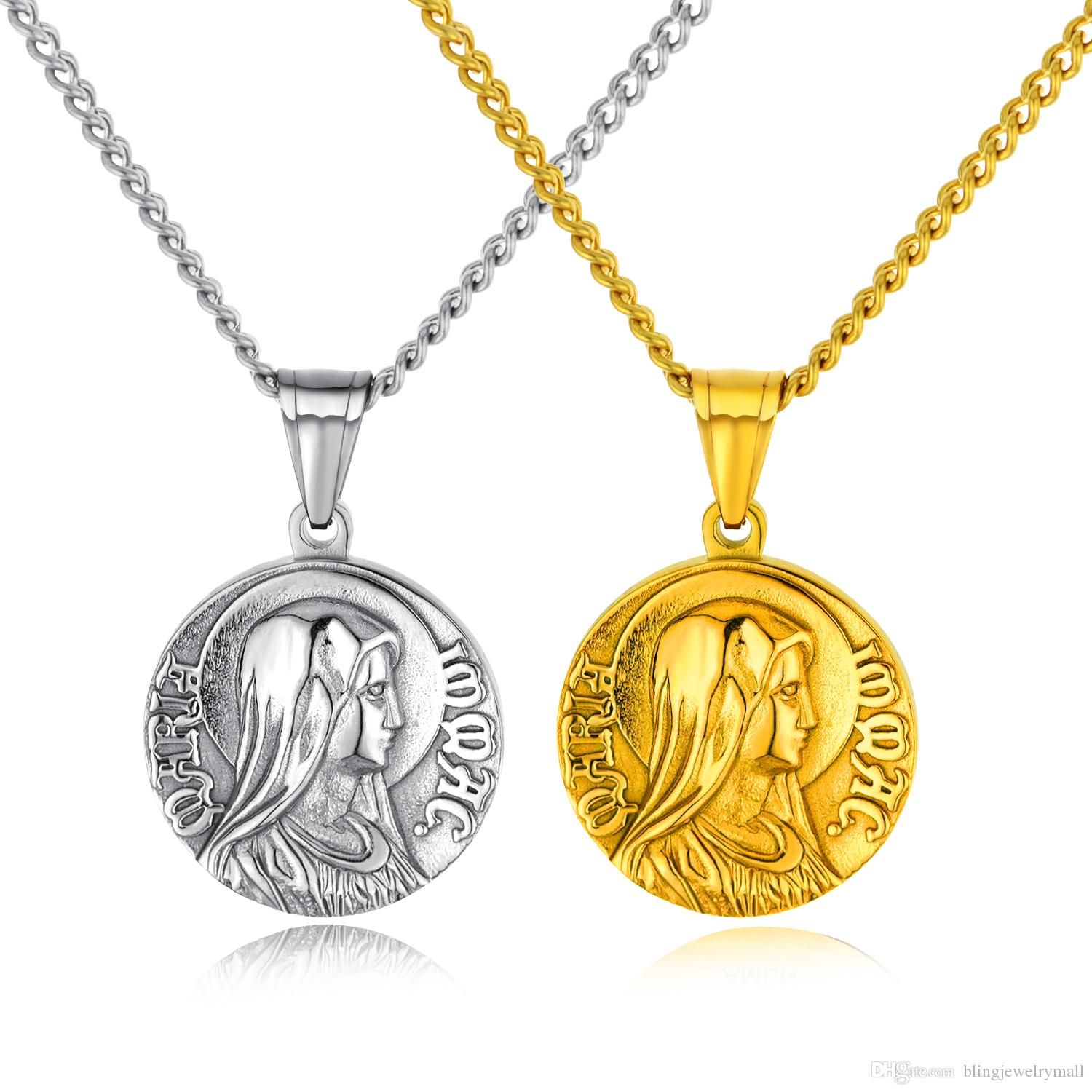 

Blessed Virgin Mary Pendant Necklace For Men Steel/Gold Bible Charm Religion Chain Necklace Female Catholicism Jewelry GX1403