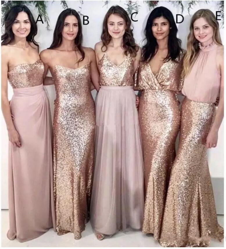 

2019 Modern Blush Pink Beach Bridesmaid Dresses with Rose Gold Sequin Mismatched Maid of Honor Gowns Women Party Formal Wear