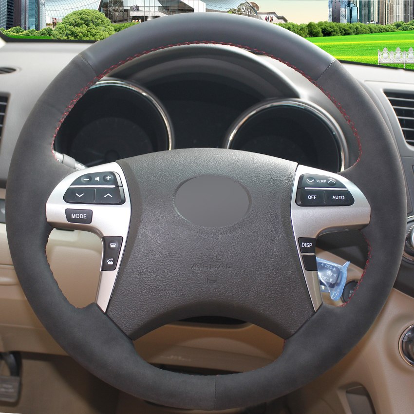 Black Suede Hand-stitched Car Steering Wheel Cover for Toyota Highlander Toyota Camry 2007-2011-image-430759691
