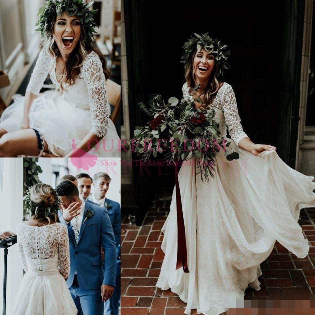 

2019 Elegant Long Sleeve A-Line Two Pieces Beach Country Wedding Dresses Chiffon Ruffles Lace Top Boho Custom Made Bohemian Bridal Gown, Silver