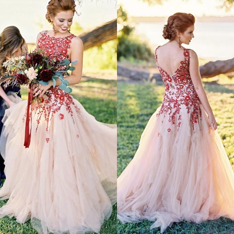 

Romantic 2018 Red Embroidery Beads Wedding Dresses Champagne Tulle Ruched Country Garden Bridal Gowns Vintage Custom Made From China EN2061