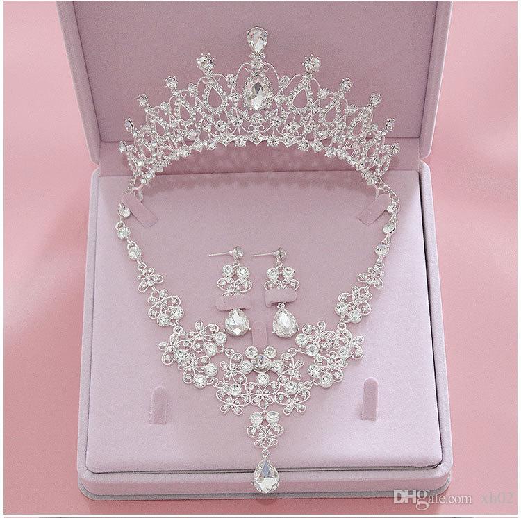 

Bridal Accessories 2019 Silver Crystal Bridal Jewelry Sets Necklace Earrings Crown Wedding Jewelry Accessories Christmas Gift