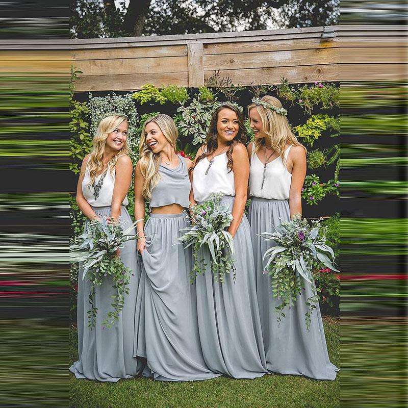 

Hot Selling Two pieces Chiffon Bridesmaid Dresses Ruched Sleeveless Country Style A Line Maid Of Honor Dresses Beach Wedding