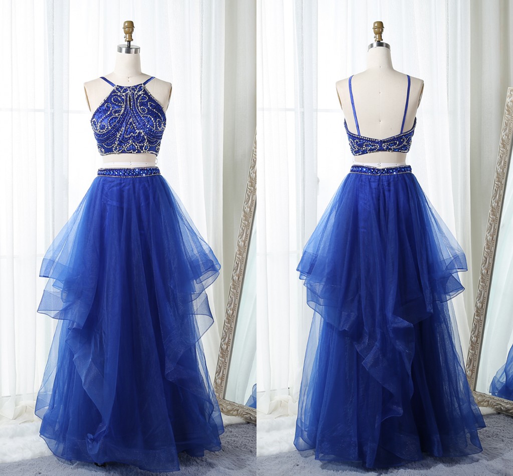 

Hot Sale Two Pieces Evening Gowns Long A line Tulle 2018 Halter Beaded Crystal Ruffles Open Back Cheap Prom Formal Pageant Dress 2018, Hunter green