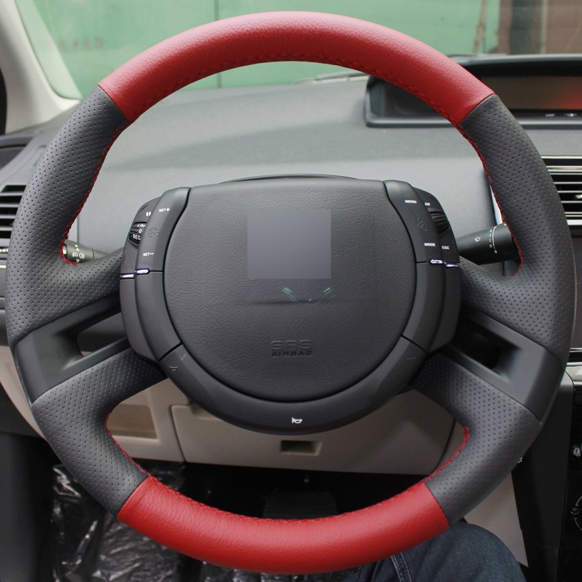Red Black Genuine Leather Hand-stitched Car Steering Wheel Cover for Citroen C4 Picasso 2007-2013 C-quatre-image-430761245