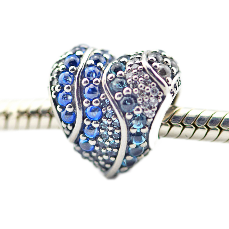925 Sterling Silver beads Shiny Aqua Heart London Blue CZ Charm Fits pandora Bracelet DIY for Women Fashion Jewelry Accessories-image-411661882