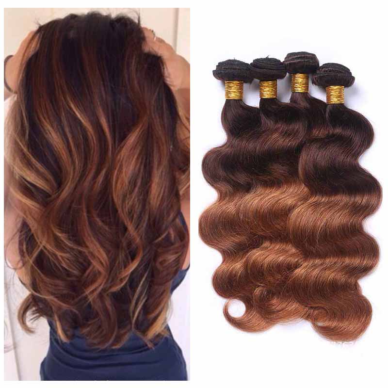 

Wholesale Brazilian Ombre Blondes Human Hair 4 Bundles Colored Ombre 4/30# Two Tone Body Wave Brown Human Hair Weave Bundles, Ombre color