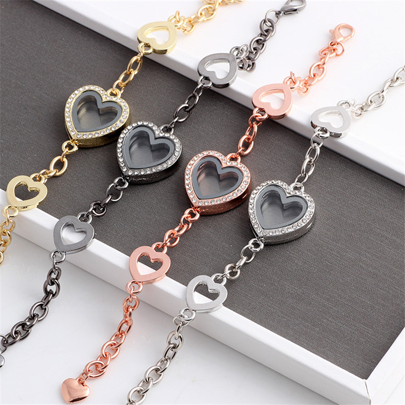 

glass floating locket Living Memory heart bracelet crystal hearts charm bracelets bangle cuff for women children diy jewelry will and sandy, Golden;silver