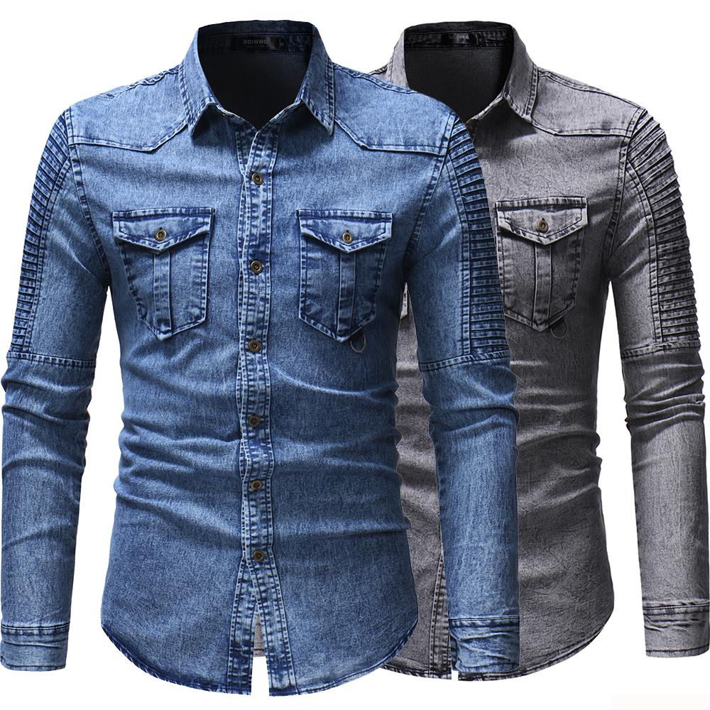 

New Autumn Demin Shirt Men Casual Shirts Men Cotton Long Sleeve Fashion Camisa Masculina Mens Denim Shirts, Blue