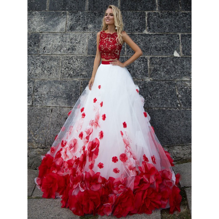 

Stunning Red And White Floral Flowers Prom Dresses A line Tulle Two Pieces Lace Applique Hollow Back Beads Dresses Evening Party Formal Gown, Yellow