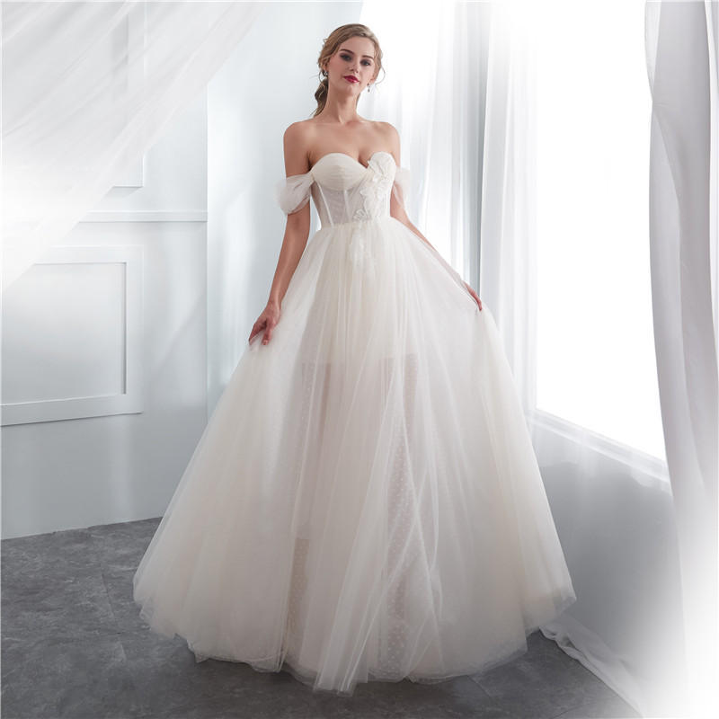 

Real Image 2019 Elegant Off The Shoulder Wedding Dresses A Line Polka Dot Tulle Lace Boho Beach Garden Bridal Gown Custom Made, White