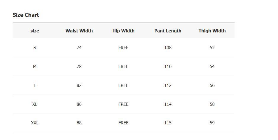 Sweatpants Size Chart