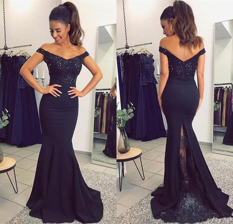 

2018 Navy Blue Sexy Off Shoulder Mermaid Long Evening Dresses Wear Lace Appliques Beaded Formal Dress Prom Gowns, Champagne