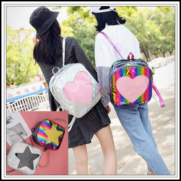 

4 Styles Love Heart Shape Backpack Shoulder School Bags For Teenage Girls Ita Bag PVC Transparent Laser Holograph Outdoor Bags CCA9868 30pcs, As picture