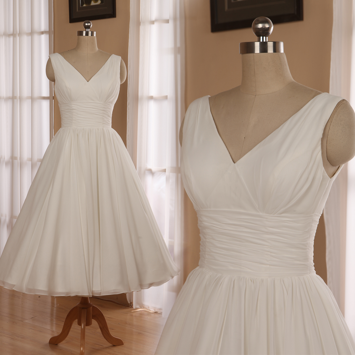 

V-Neck Sleeveless Tea Length Chiffon Wedding Dress With Ruching And Low-V Back Vintage wedding dress RLL011, White
