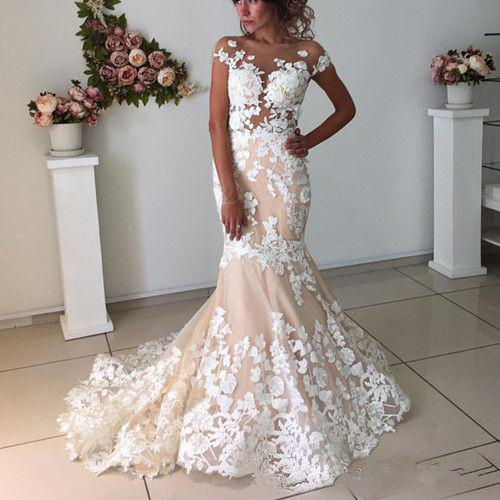 

Champagne Tulle White Lace Wedding Dresses Sheer Neck Backless Cap Sleece Long Mermaid Appliques Lace Bridal Gowns Custom Size, Custom made from color chart