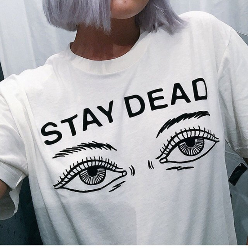 

Women T Shirt Summer New Fashion Printed Stay Dead Letter Round Neck T-shirt, White
