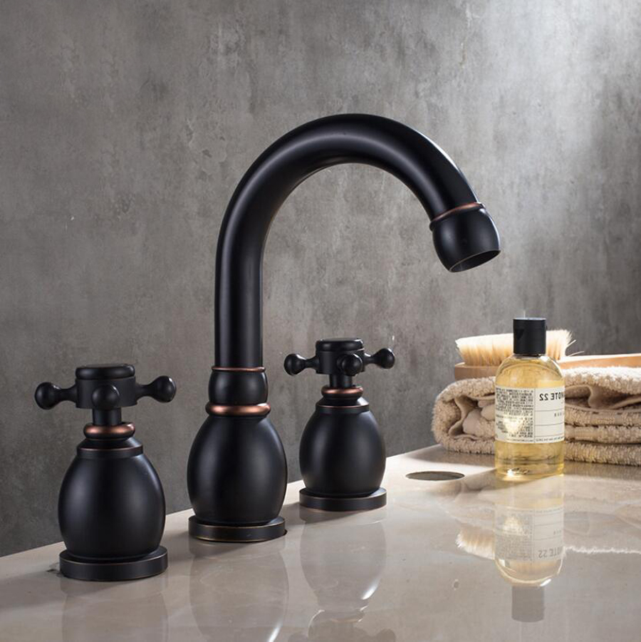 

Bathroom Sink Faucets Vintage Full Brass Basin Three-hole Split Faucet Luxury Hotel High Quality Black Hot Cold Mixing Faucet Wholesale