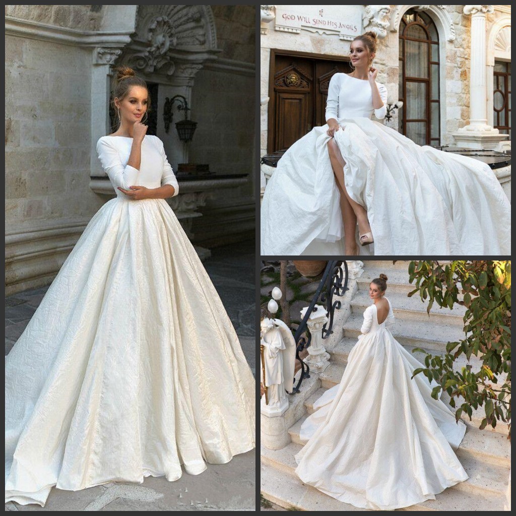 2019 New Milla Nova Simple Satin Wedding Dresses 3/4 Long Sleeves Backless Ball Gown Bridal Gowns Plus Size Vestido De Noiva 2018